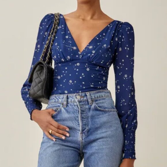 Reformation Tops - Reformation Michel Top Long Sleeve Blue Top in Starry Night